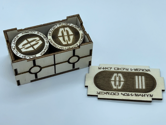 Wooden Star Wars Legion Shadow Collective order tokens stacked in open laser-cut storage box with lid beside